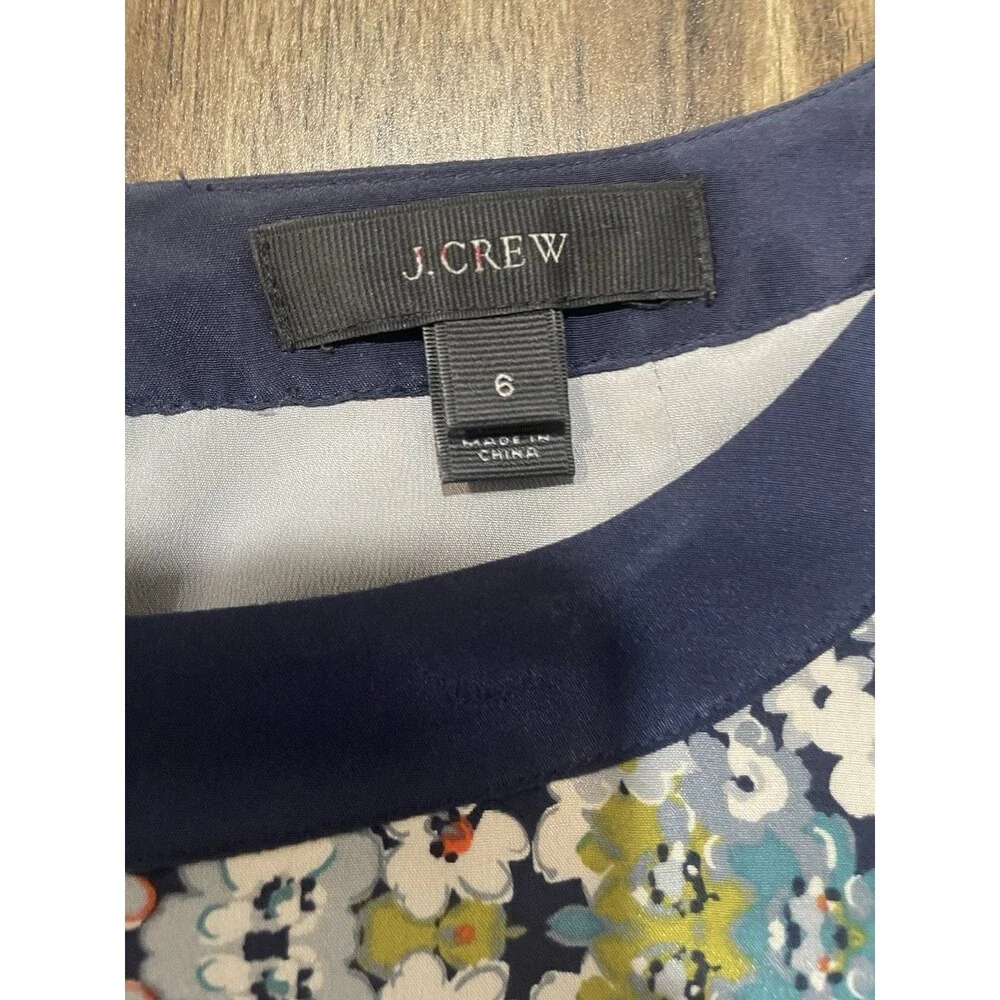 J.CREW Womens Silk Gray Misty Fog Floral Navy Trim 3/4 Sleeve Shift Dress Sz 6